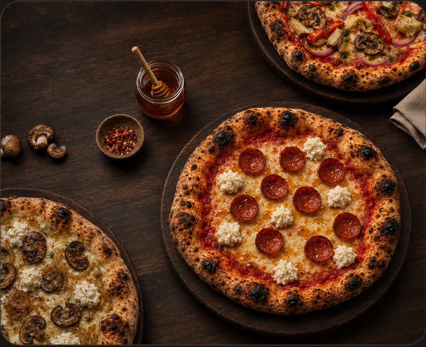 Three stone-fired pizzas on dark wood with hot honey and chili flakes
